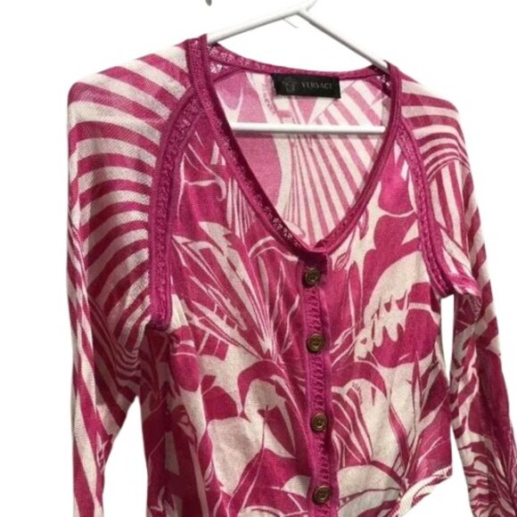 Versace pink and cream tropical button down cardigan sweater size 40 - Picture 2 of 16